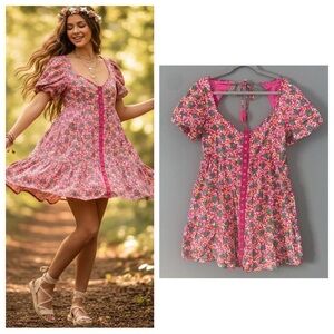 NWT Betsey Johnson Floral Babydoll Dress Puff Sleeve Pink Size M